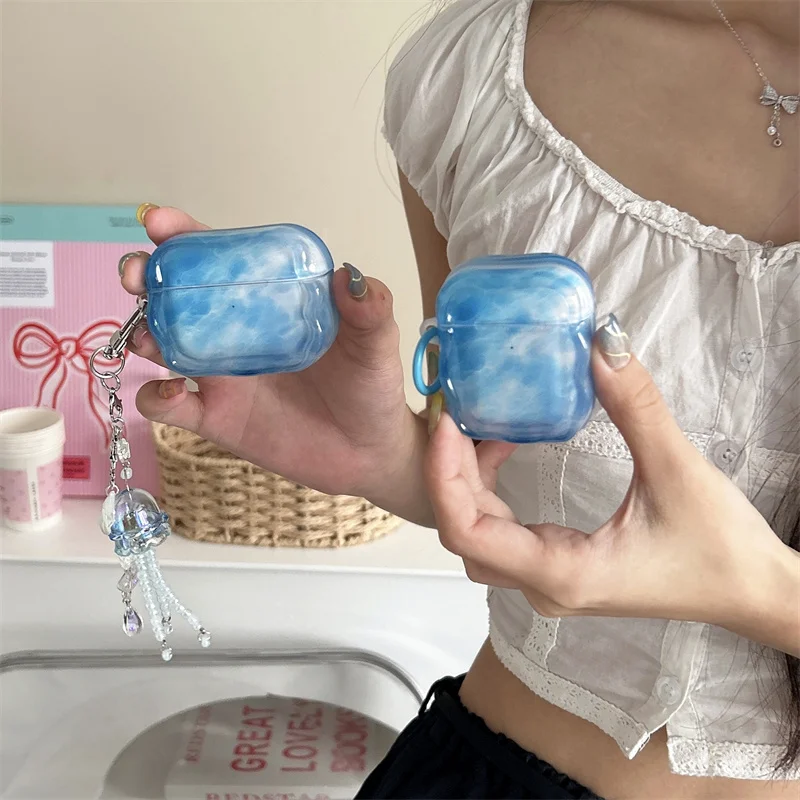 Housse pour écouteurs émoussés bleu mer | Pendentif méduse | Cadeau pour meilleur ami | Convient pour AirPods 1 2 3 4 Pro Pro2 Pro3
