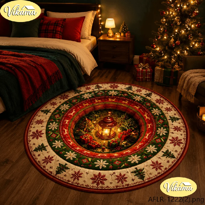 Round 3D Christmas Rug, Creative Optical Illusion Carpet, New Year's and Winter Holiday Indoor Area Rug, Festive Home Decor