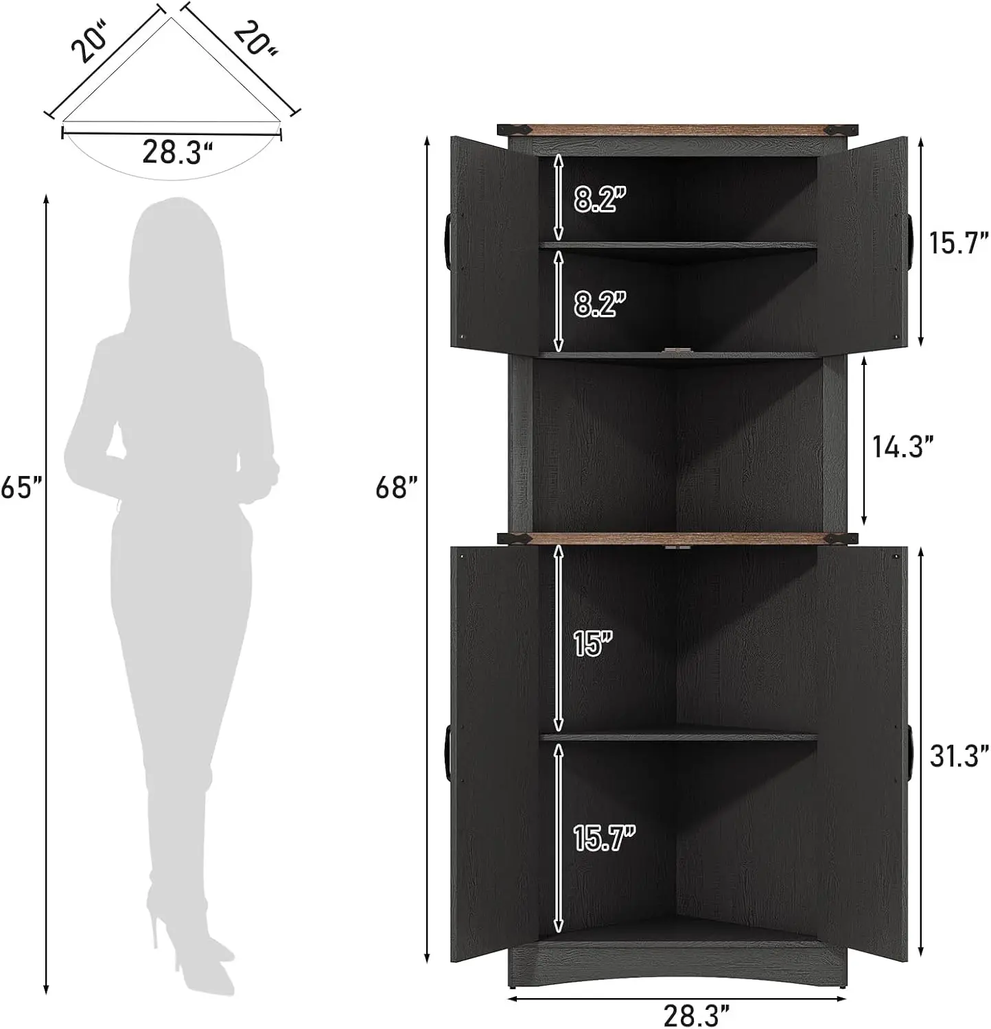 68 Inch Tall Farmhouse Corner Storage Cabinet 28.3 Inch Wide Floor Cupboard with 4 Barn Doors and 5 Shelves Adjustable Pantry Unit for Kitchen Bathroom Black
