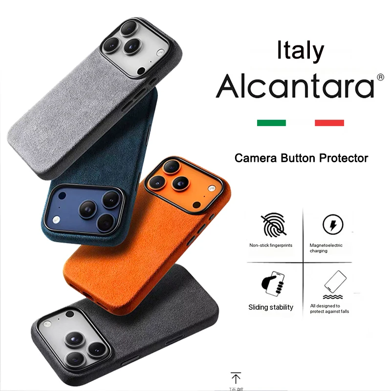 Capa de couro Alcantara para iPhone 17 Pro Max com protetor de botão de câmera Macsafe Capa magnética para iphone 17Pro 17proMax