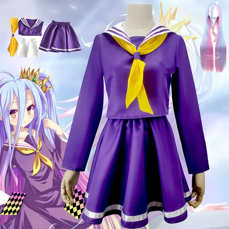 

No Game No Life Cosplay Shiro Costume Halloween Women Clothes Carival Dress Wigs Sailor Suit Japanese School Uniform Costumes