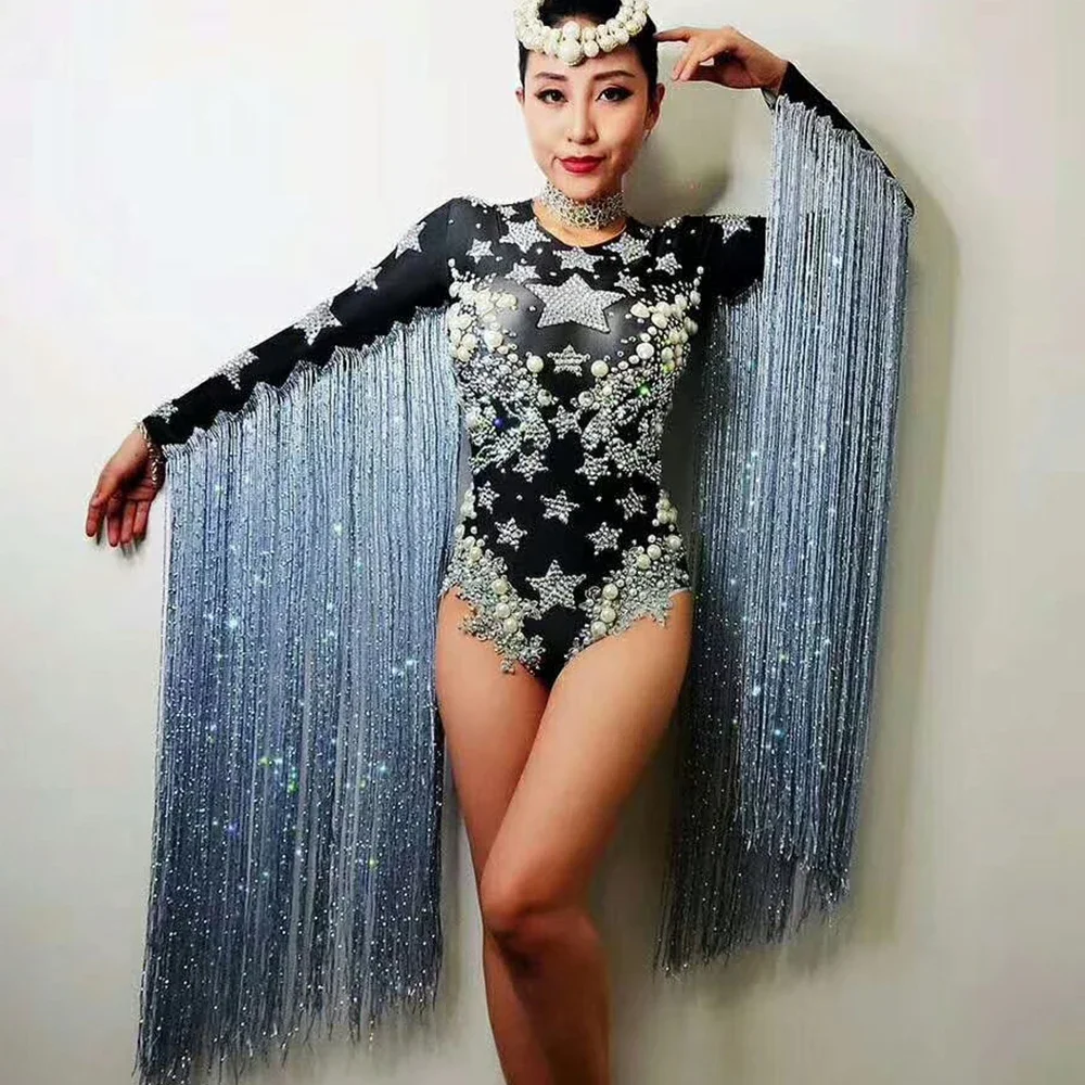 

Tassel Crystals Stars Women Dance Bodysuit Party Singer Costume Celebrate Drag Queen Outfit Stage Fringes Leotard Nightclub