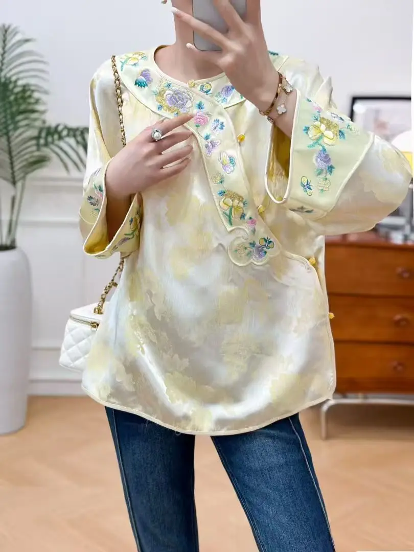 High-end Spring Summer New Acetate Coat Embroidery Flowers Women Elegant Loose Lady Top S-XXL