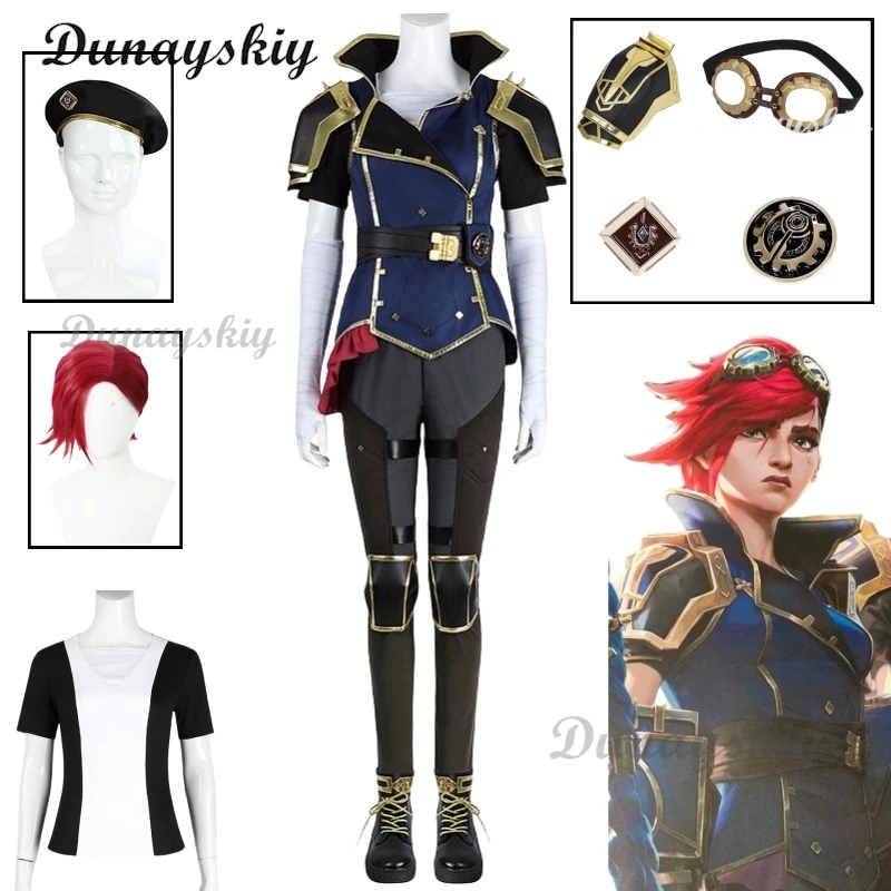 Vi Cosplay Game LOL Costume Sheriff Uniform Women Role Play Fantasy Clothing Hat Wigs Full Set Halloween Carnival Party Suits