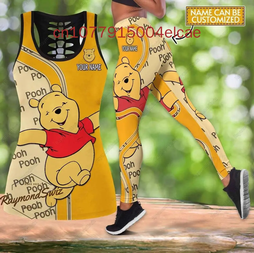 Winnie the Pooh Women's Cutout Tank Top Leggings Yoga Set Summer Fitness Leggings Tracksuit Disney Hollow Tank Top Leggings Set