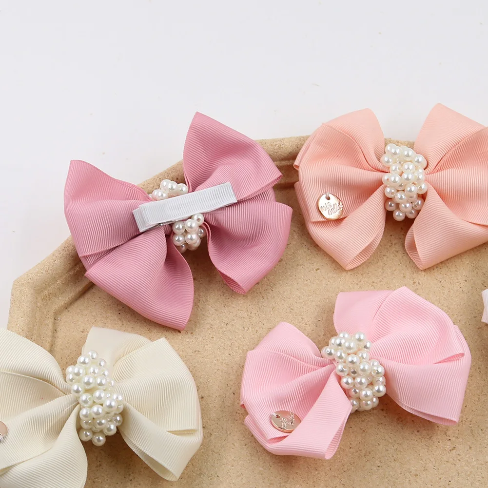 

20pc/lot 3.9" New Grosgrain Ribbon Bow Hair Clips Ribbon Bow Hairpins With Pearl Center for Children Girls Barrettes Headwear