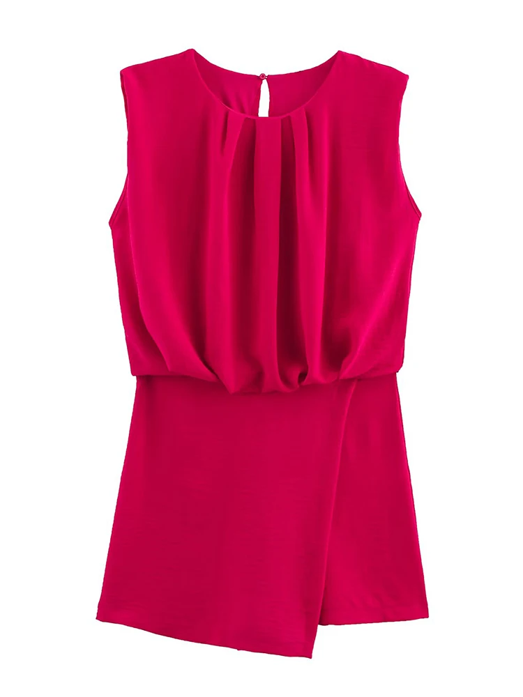 

ZAJIA2025 Spring New Women's Pleated Simple and Versatile Temperament Solid Color Slim Sleeveless Short Jumpsuit