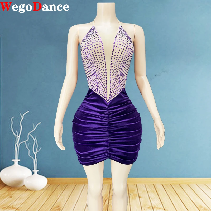 

New Sexy Mesh Short Rhinestone Mini Singer Costume Birthday Dress