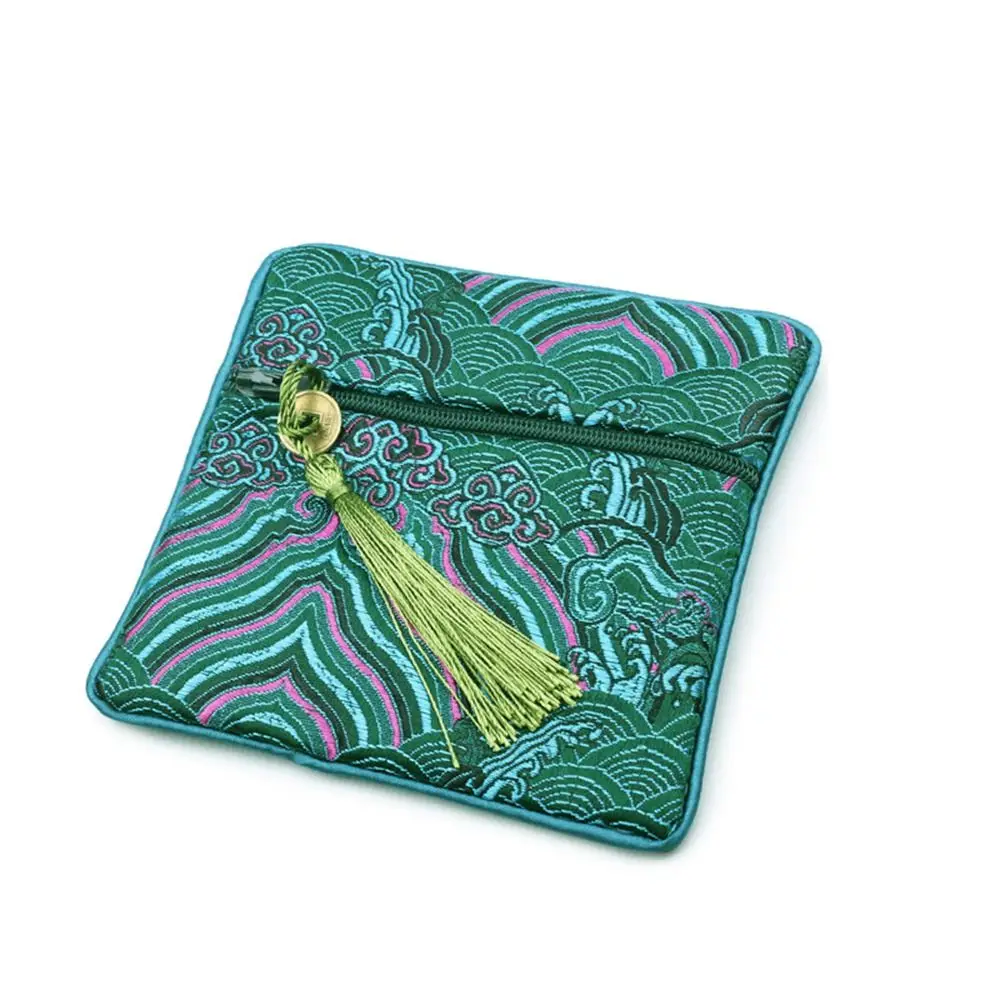 

Chinese Style Silk Jewelry Organizer Embroidery Sea Wave Pattern Brocade Pouch Zipper Bag Blessing Bag Jewelry Storage Bag