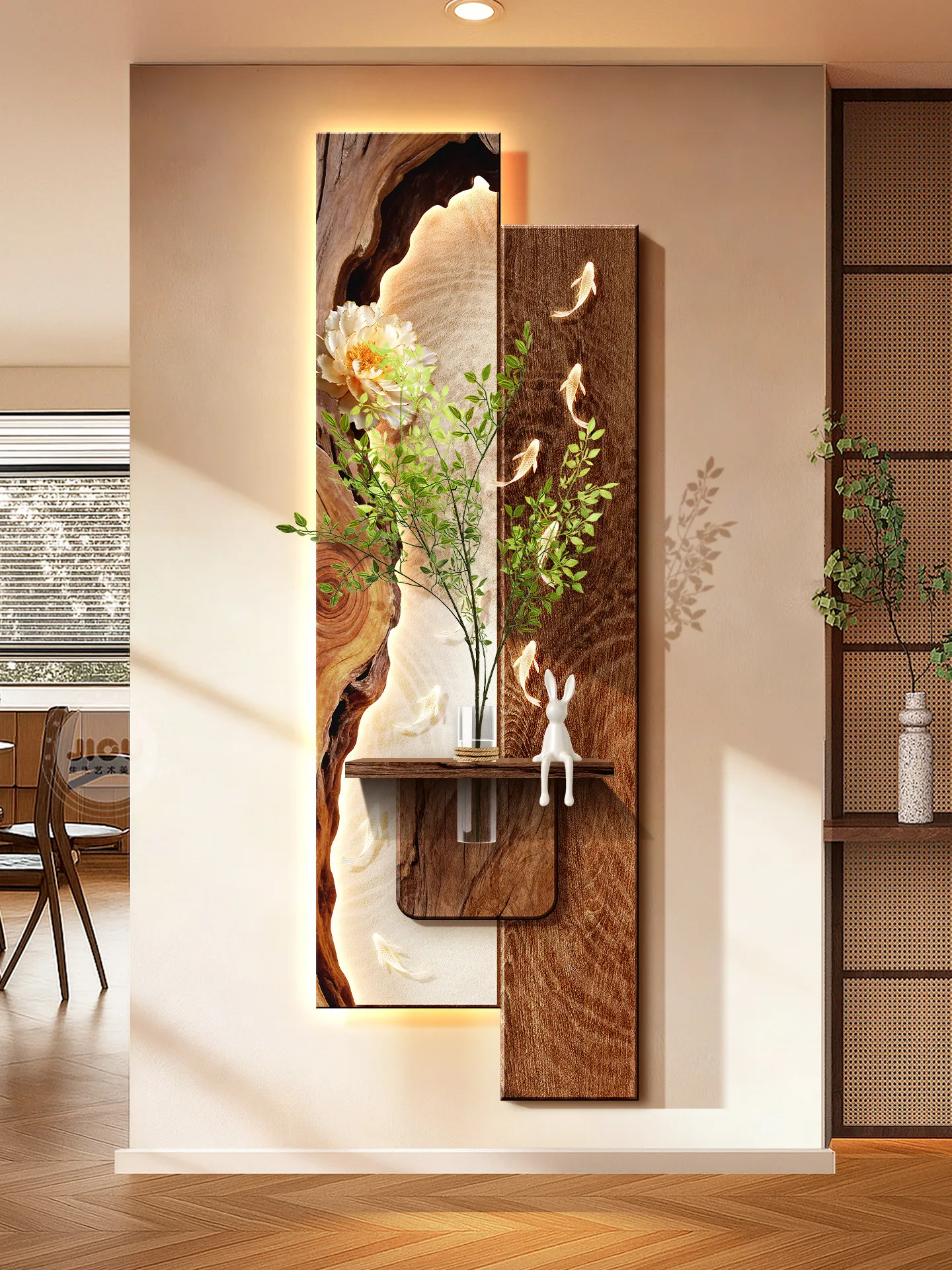 Mid ancient style, nine fish painting, entrance decoration, sandstone, green plants, hanging paintings, mural lights