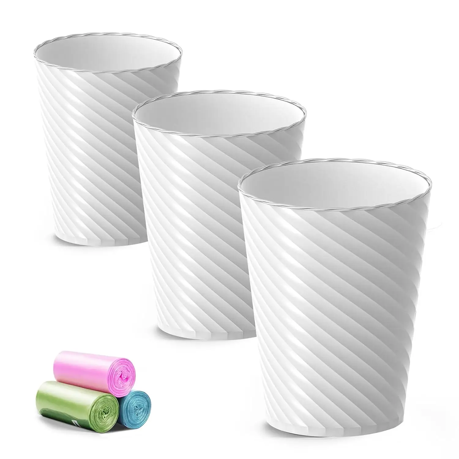 

3 pack 1.8 gallon white trash cans with bags - round plastic bins for bathroom, kitchen, bedroom, office, compact spaces