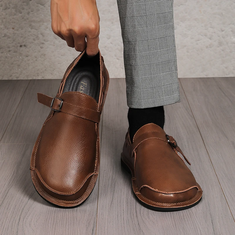 Men Wide Feet Wide Toe Vintage Leather Shoes, Big Size Handmade Wide Forepart All-match Barefoot Casual Shoes