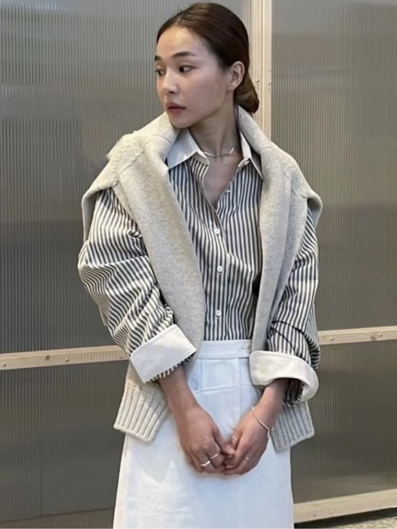 

Miss Candy Vintage Striped Patchwork Loose Women's irt Versatile Commute Sle Long Sve Collar Regular Length