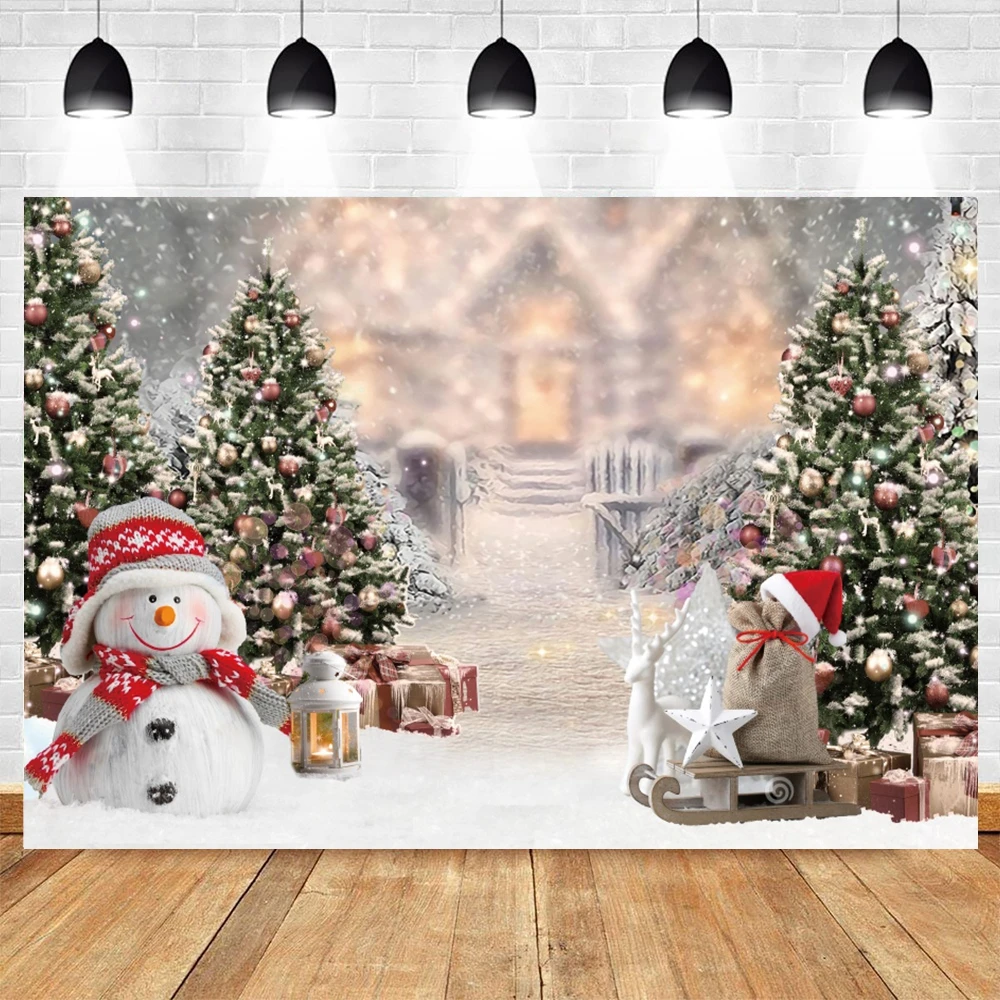 Winter Forest Snow Scene Backdrop Christmas Pine Tree Snowflake Snowman Elk Baby Portrait Photo Background Photography Props