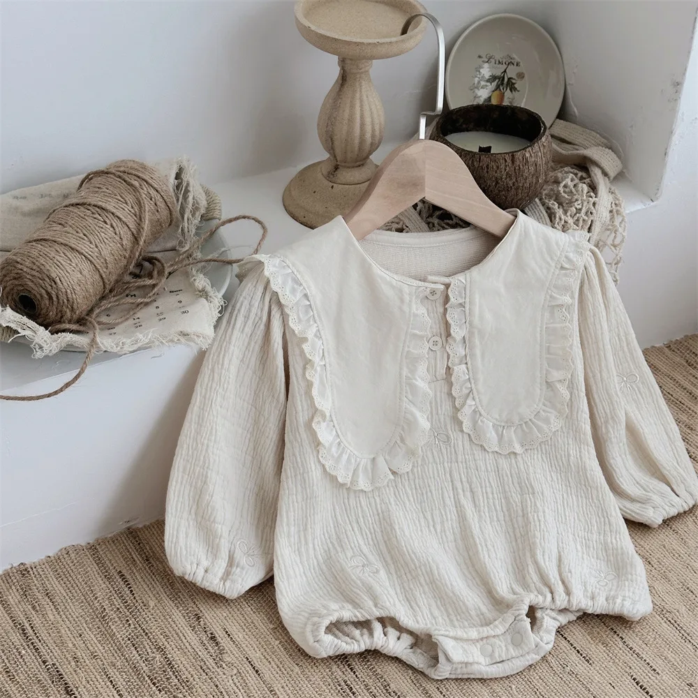 

2024 Autumn New Baby Girl Long Sleeve Large Lapel Bodysuit Solid Infant Cotton Jumpsuit Lace Collar Toddler Girl Clothes