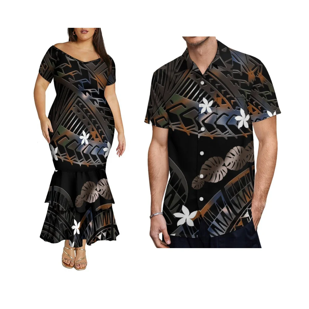 Summer Couple Outfits V-Neck Off-The-Shoulder Women'S Double-Layer Fishtail Skirt Polynesian Custom Shirt Pattern