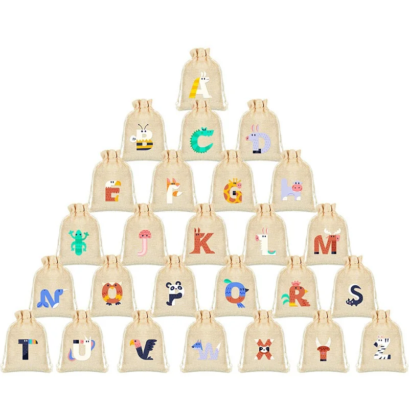 

78pcs/lot 9*12cm Cute Animal Printing Drawstring Burlap Linen Bags 26 Letters Storage Pouches Children's Gift Packaging Bag