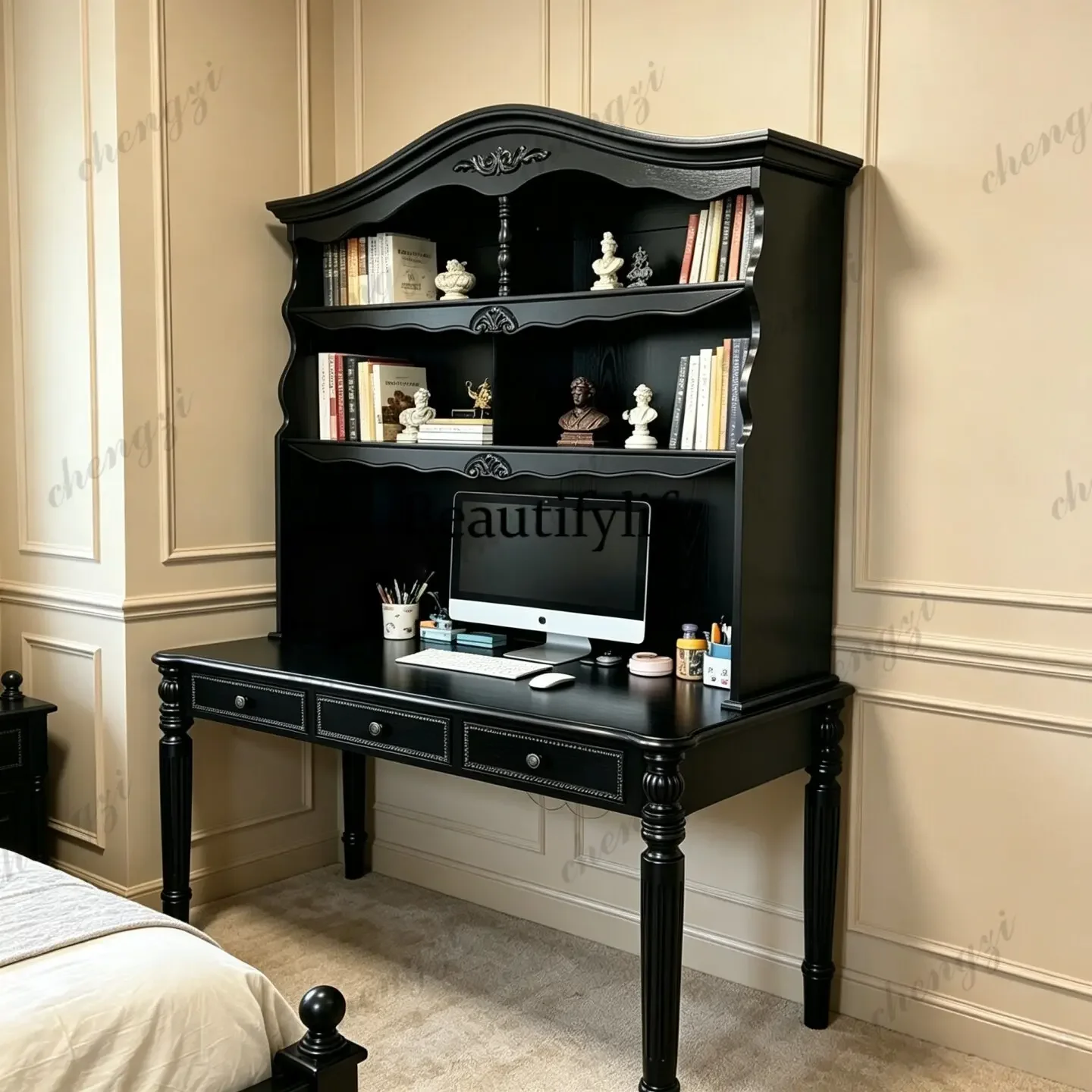 p182 American solid wood desk, integrated black bedroom children's study table student writing desk household table