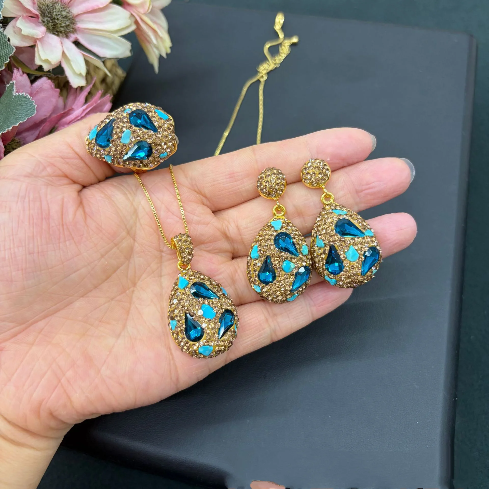 Water Drop Crystal Jewelry Set Inlaid Chip Zircon Necklace Ring Earrings 3Pcs Elegant Women Party Accessory Statement Gift
