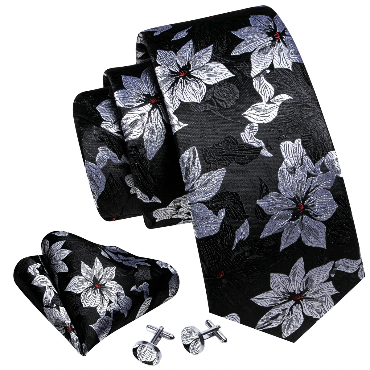Designer Ties for Men Black Silver Gray Solid Paisley Striped Plaid Floral Neck Tie Pocket Square Cufflinks Set Barry·Wang