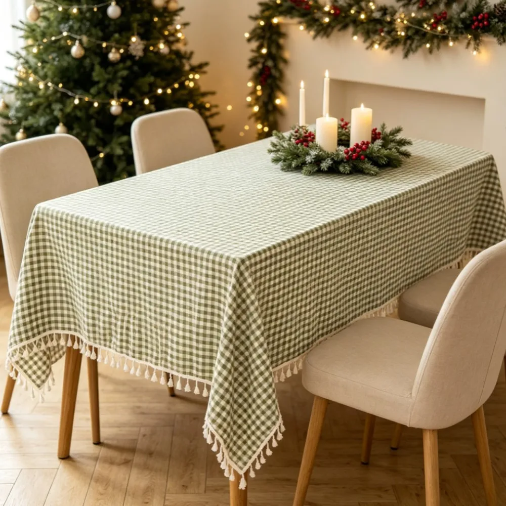 Nappe rectangulaire de style champêtre à petits carreaux vert menthe avec pompons, couvre-table décoratif festif, cadeau de Noël