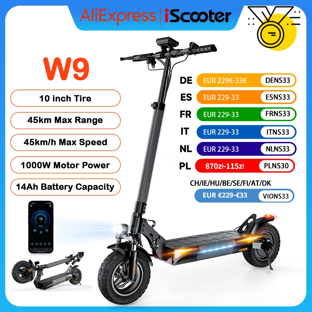 Scooter eléctrico iScooter W9, 10 pulgadas, 1000W, 48V, 14Ah, 35-45km de alcance, 45 km/h, velocidad máxima, neumáticos todoterreno, transmisión trasera, frenos de disco duales