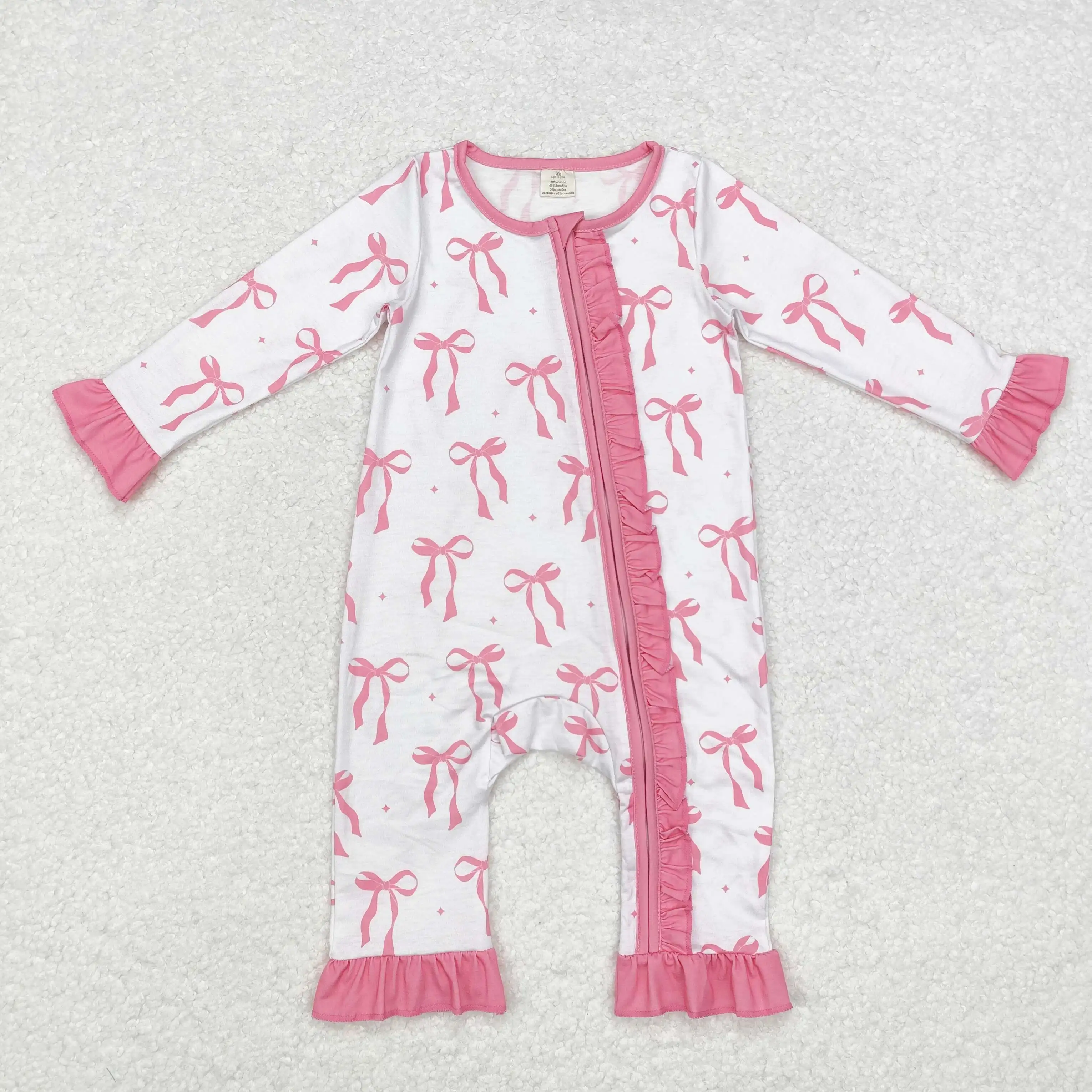 

LR1584 Wholesale baby rompers kids clothes girl bamboo pink bow lace long-sleeved romper Summer Boutique baby girl clothes