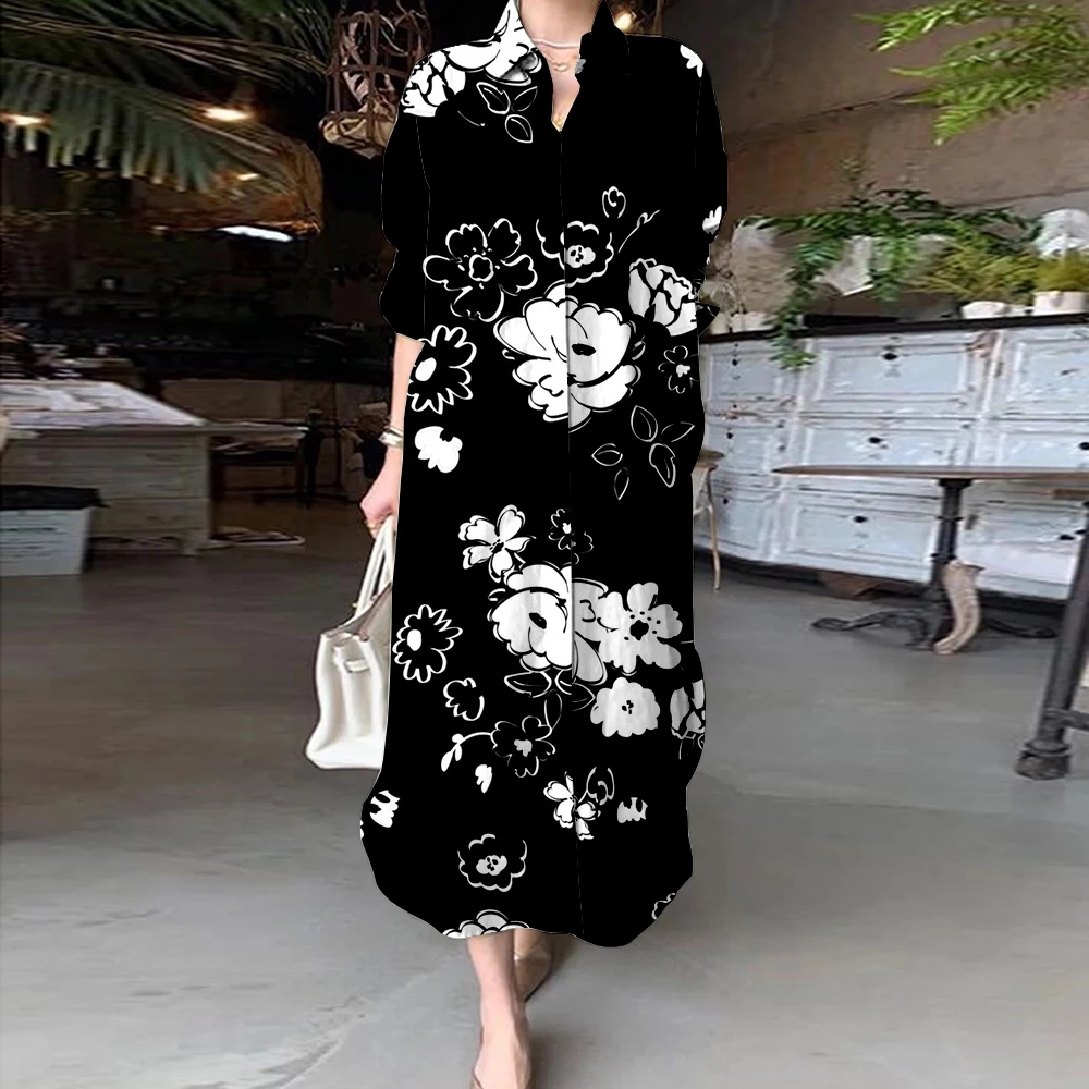 2024 Summer A-Line Midi Shirt Dress Women's Floral Print Turn Down Collar Button Dresses Casual Loose Beach Holiday Party Dress