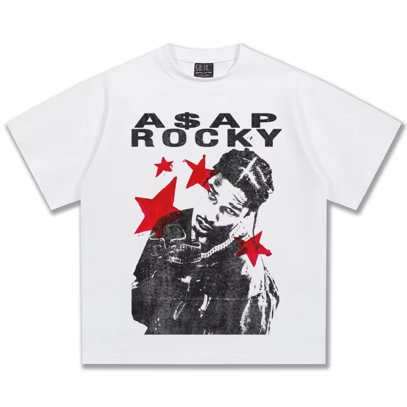ASAP Rocky Red Star Graphic T-Shirt Unisex Hip Hop Rap Y2K Trendy Pure Cotton Casual Short Sleeve Fashion Women And Men T-shirts