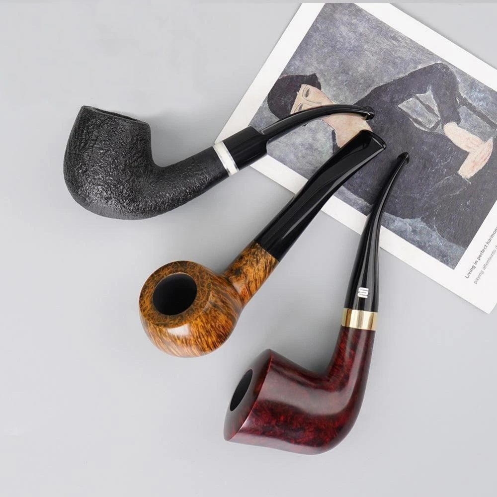 MUXIANG Classic Briar Tobacco Pipe Hand-carved Pipe 9mm Pipe Channel Acrylic Curved Handle Rainbow Series wood Pipe