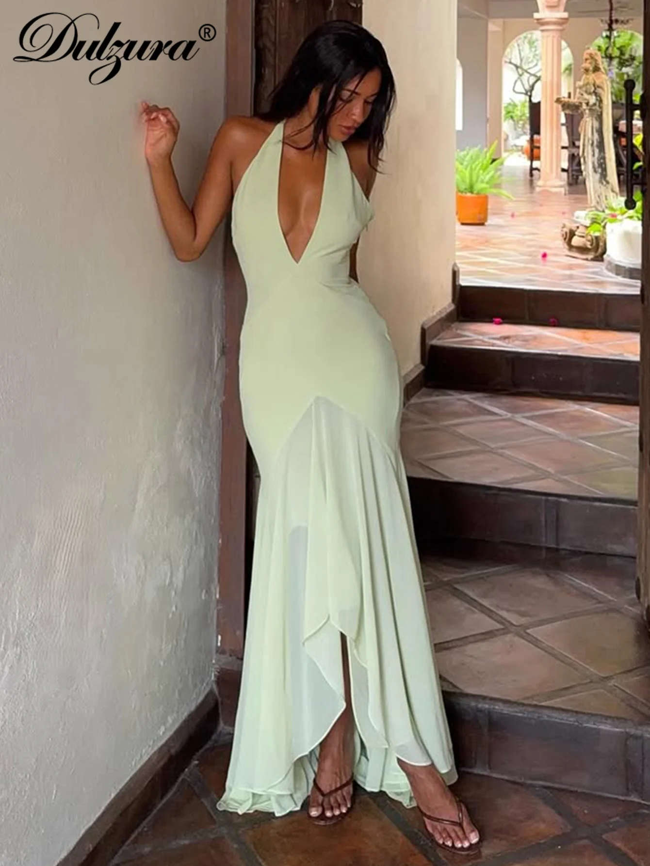 Dulzura 2025 موضة الصيف مثير الرسن بلا أكمام عارية الذراعين سليم غير النظامية شبكة فستان طويل الصلبة أنيقة نادي الحفلات حفلة موسيقية الملابس