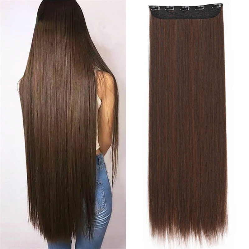 WIGSIN 32Inch/40Inch Synthetic Long Straight Invisible Clip in One Piece Hair Extension Black Brown Hairpiece for Women