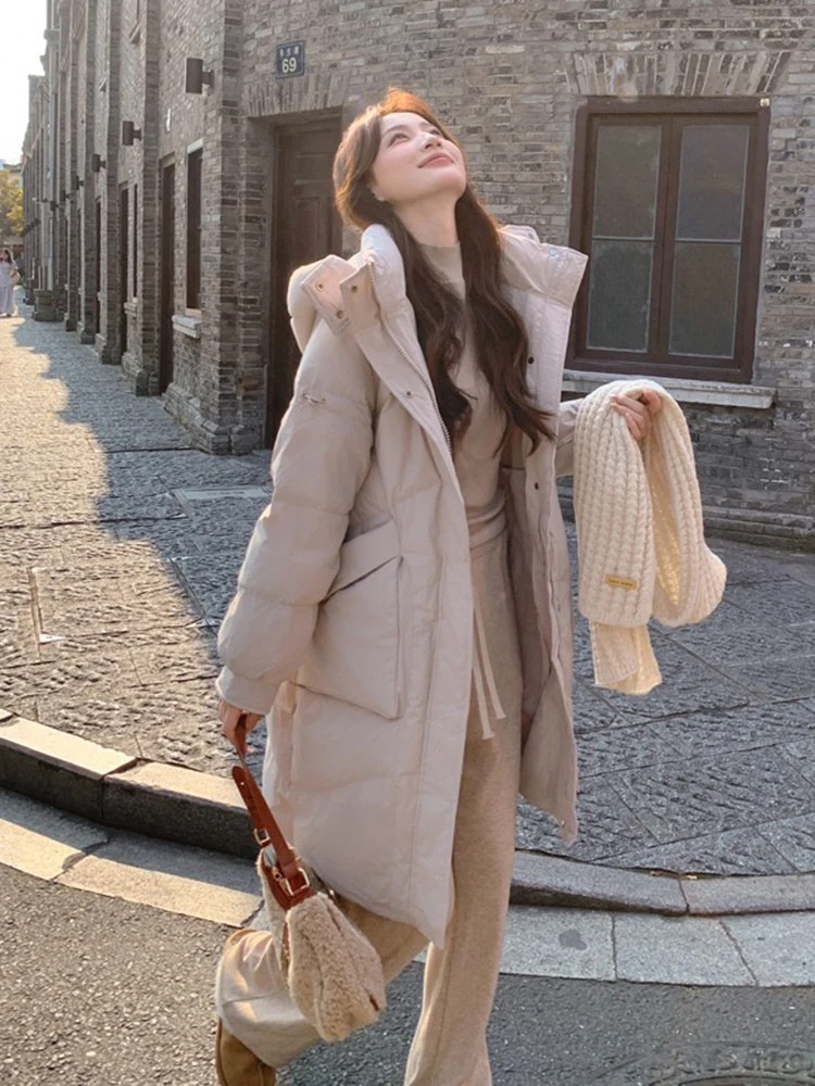 

Winter Warm Hooded Knee Length Down Jacket Women White Duck Down Big Pocket Parker Outwears Female Zipper Thicken Long Jackets