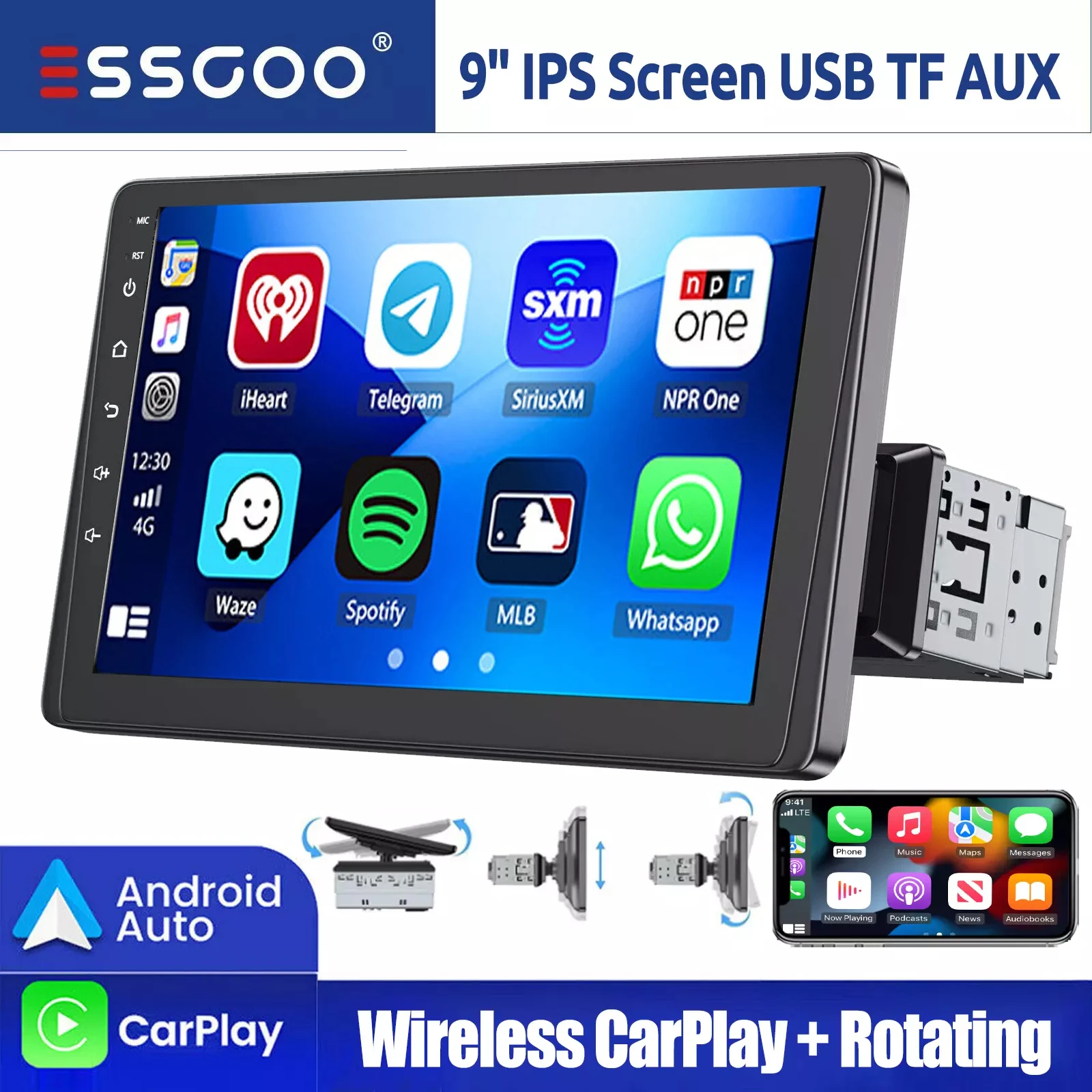 

ESSGOO 9" IPS Touch Screen Single DIN Wireless Apple CarPlay Android Auto Car Stereo Radio FM Bluetooth USB AUX TF Mirror Link