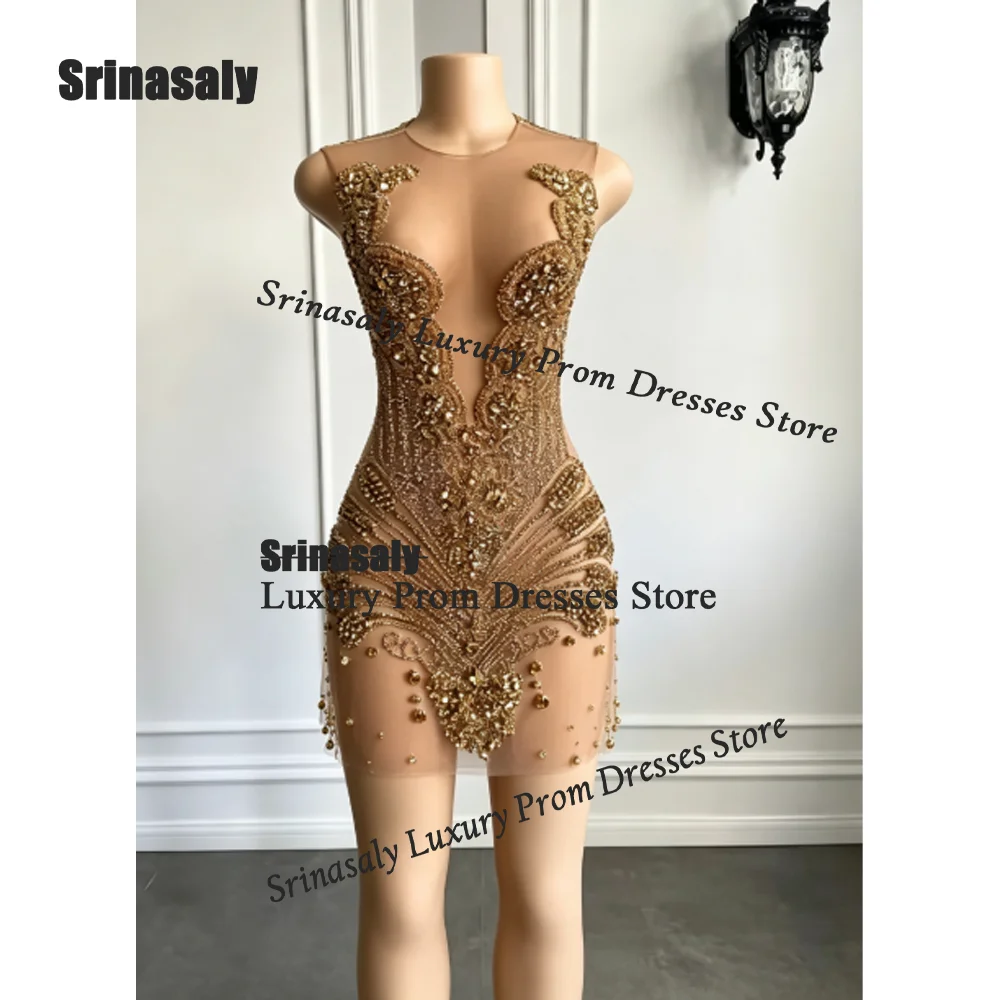 African Crystal Diamond Short Prom Dresses Customized Fashion Halter Embroidery Evening Dresses Resplendent Mermaid Party Gown