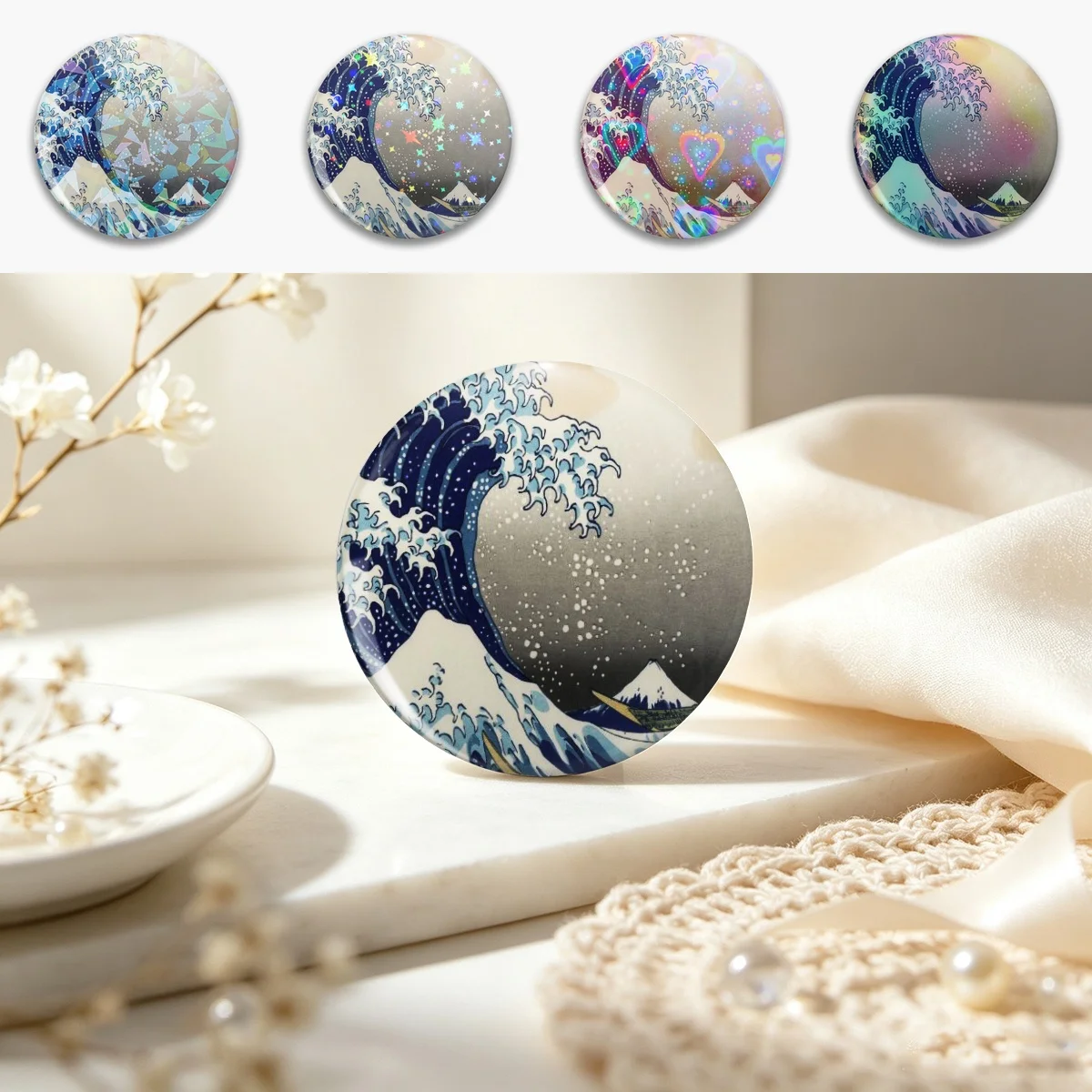Great Wave Pin Holographic Star Heart Pin Brooches Laminated Button Fashion Accessory