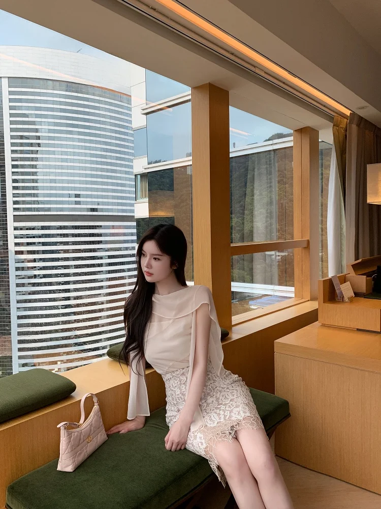 

Комплект Ele Gentle Wind: кружевная юбка и шифоновый топ для женщин, летний модный наряд из полиэстера, на высоком каблуке