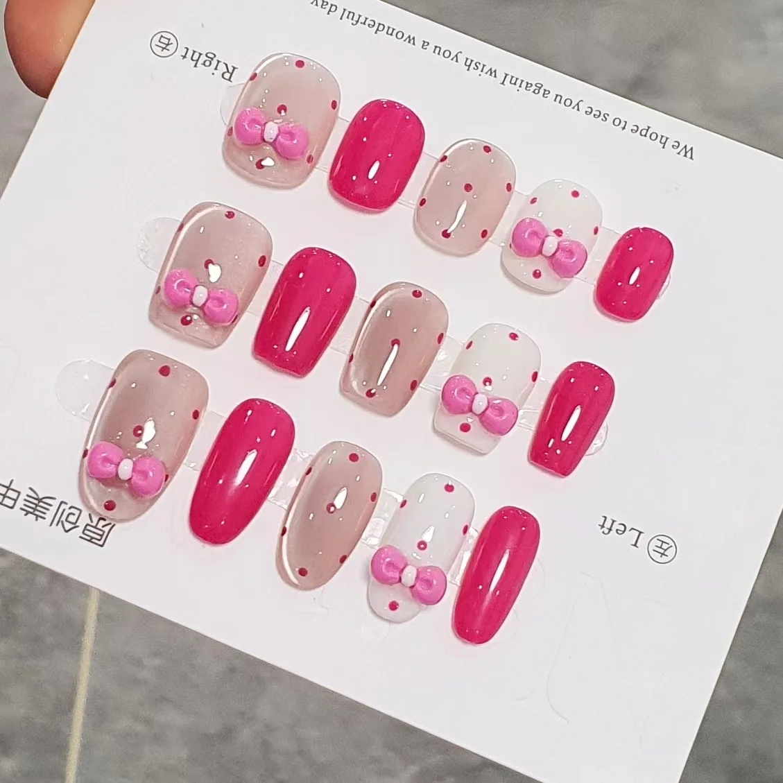 

10pcs Cat's Eye Bow Rose Red Polka Dots Press on Nails Short Circle Manicure Wearable Nail for Women and Girls False Nail
