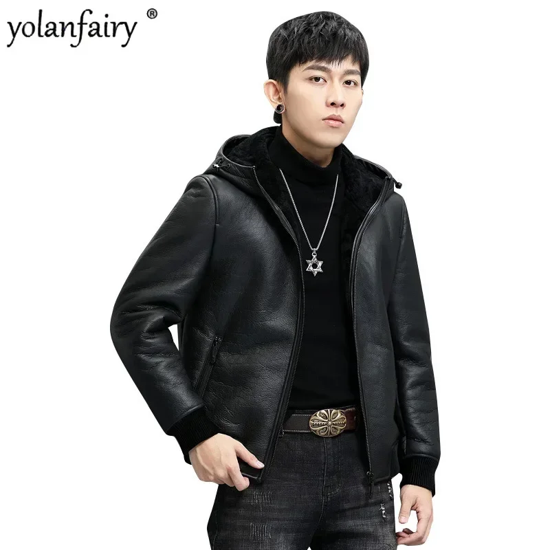 

New Original Fur Coat Men's Winter Jacket Short Natural Leather and Fur Clothes Hooded Mens Leather Jackets and Coats Trend FCY