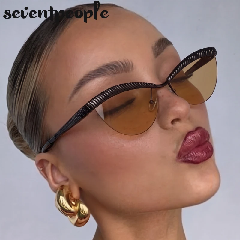 

2026 Y2K Punk Cat Eye Sunglasses Women Gold Textured Half Frame Vintage Luxury Designer Outdoor Shades Female Black Lens Eyewear