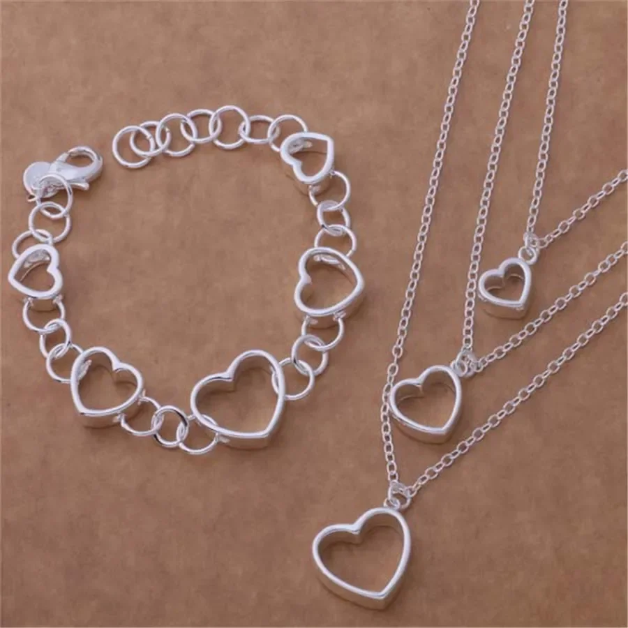 Hot new high quality 925 silver Plated jewelry fashion Women simple heart necklace bracelet jewelry set classic style H141N038