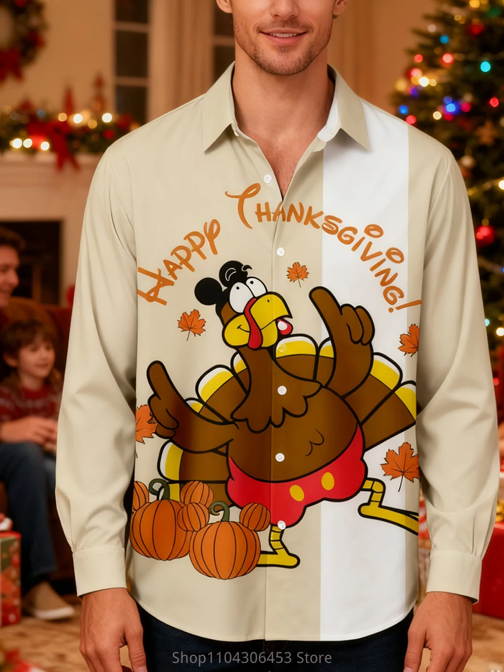 Men's Christmas New Year Reindeer Turkey 3D Printed Lining Holiday Party Funny Pattern Shirt Men's Autumn and Winter New Casual
