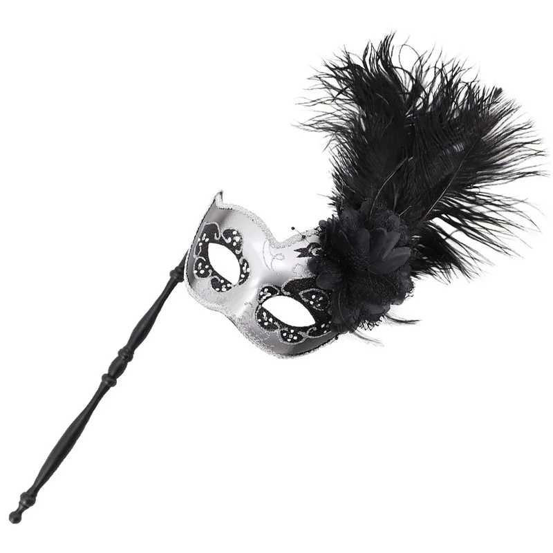 스틱으로 깃털 가장 무도회 마스크 반짝 이는 여성 남성 할로윈 카니발 마디 그라 부활절 코스프레 쇼 파티 핸드 헬드 하프 아이 마스크