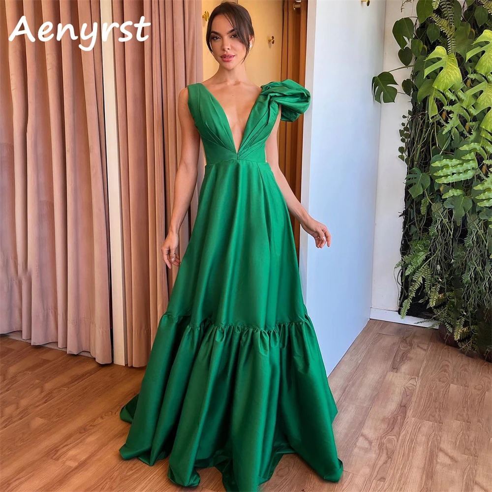 

Aenyrst Green Deep V Neck Spaghetti Strap Evening Dresses Satin A Line Prom Gowns Floor Length Dinner Party Dress فساتين السهرة