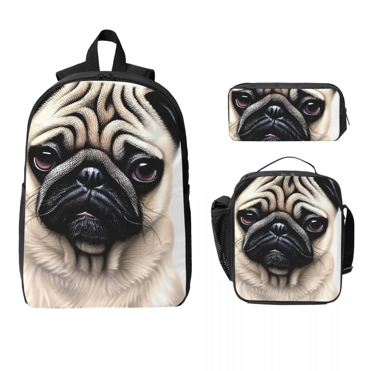 

Lovely Puppy Cute Pug Dog Backpack Student BookBag School Bag Computer Shoulder Bags 3ps Insulated Lunch Bag Pencil Case
