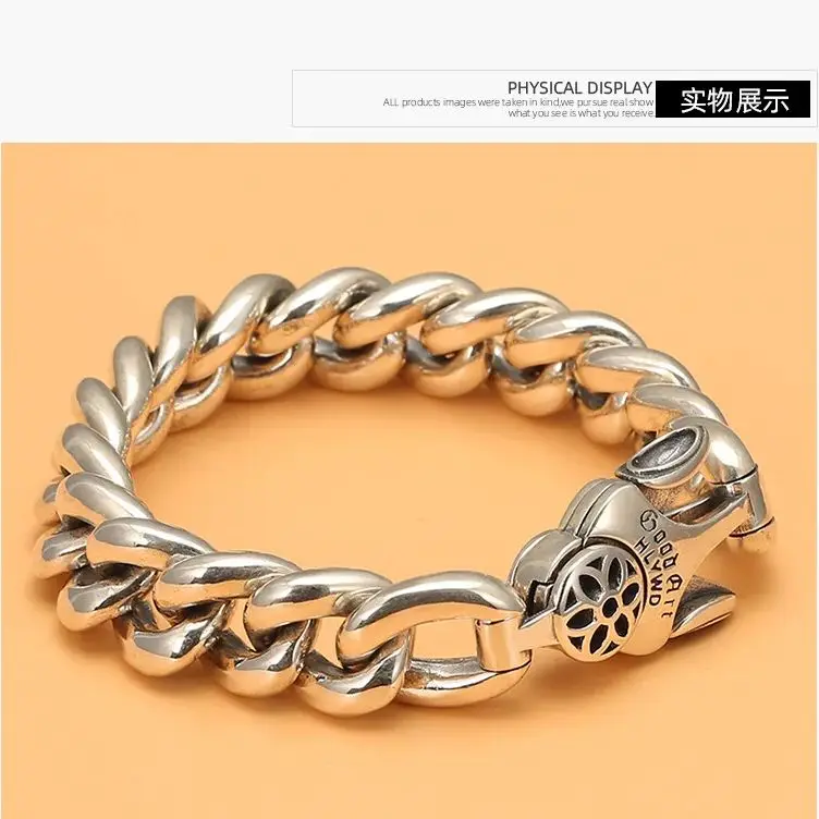 S925 Yintai silver fashion bracelet thick personality domineering rough ore trendy rock clip European and American silver chain