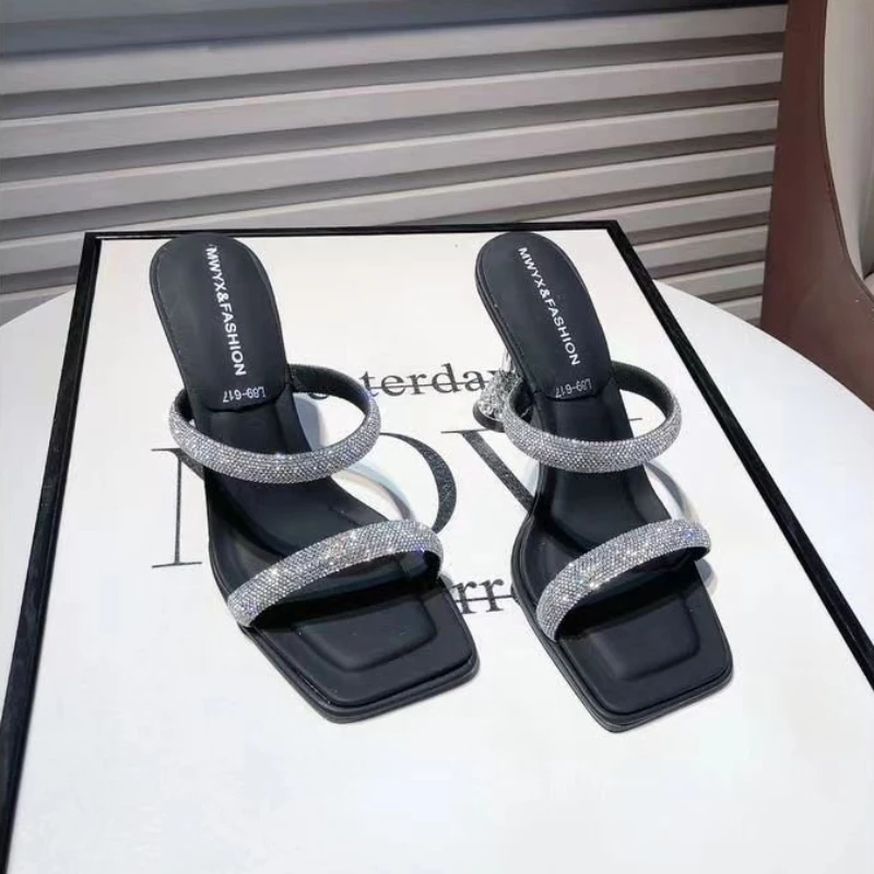 2024 Summer Sexy Fashion Open Toe Women's Sandals Water Diamond Shining Square Headed Banquet Women's High Heels Large Design image 5