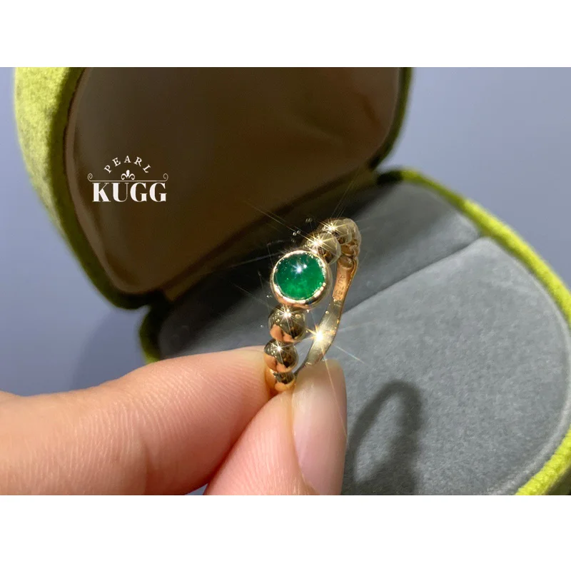 

KUGG 100% 18K Yellow Gold Rings Vintage INS Style Real Natural Emerald Gemstone Ring for Women Anniversary Gift Fine Jewelry