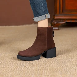 2024 New Winter Cow Suede scarpe da donna piattaforma stivali da donna punta tonda tacco grosso stivali da neve da donna scarpe da donna in vera pelle