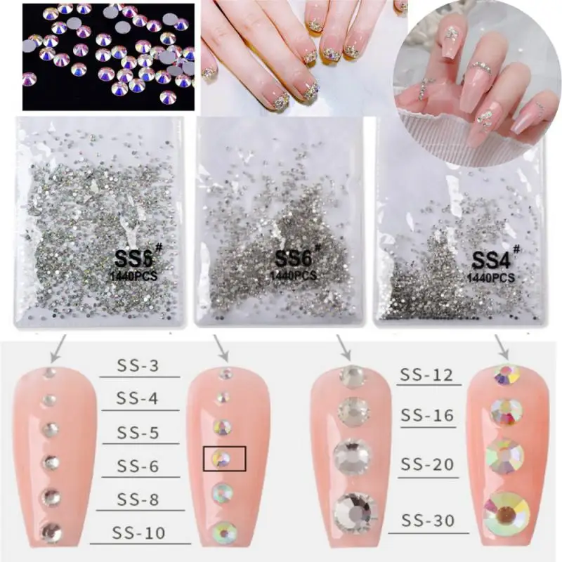 1440pcs Nail Diamond 3D Crystal AB Nail Rhinestones SS3-SS6 Mini Round Clear Golden Back Stones Non HotFix FlatBack Nail Art